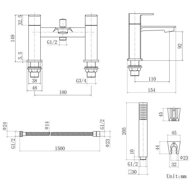 Mersey Matt Black Basin & Shower Bath Mixer Tap Set
