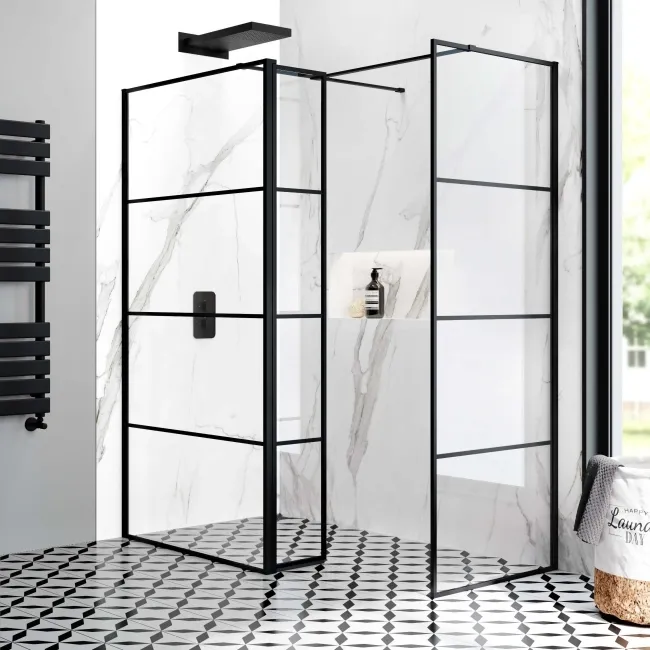 Munich Matt Black Grid 8mm Walk In Shower Enclosure 1000mm & 800mm Glass with Pivotal Return Panel