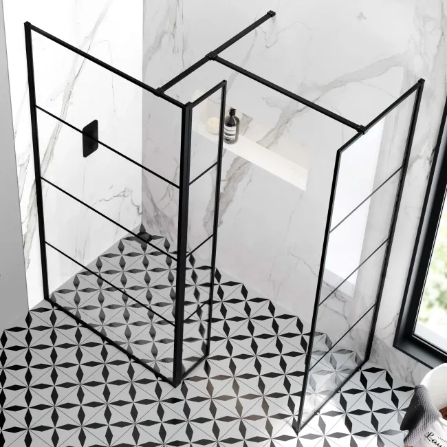 Munich Matt Black Grid 8mm Walk In Shower Enclosure 1000mm & 800mm Glass with Pivotal Return Panel