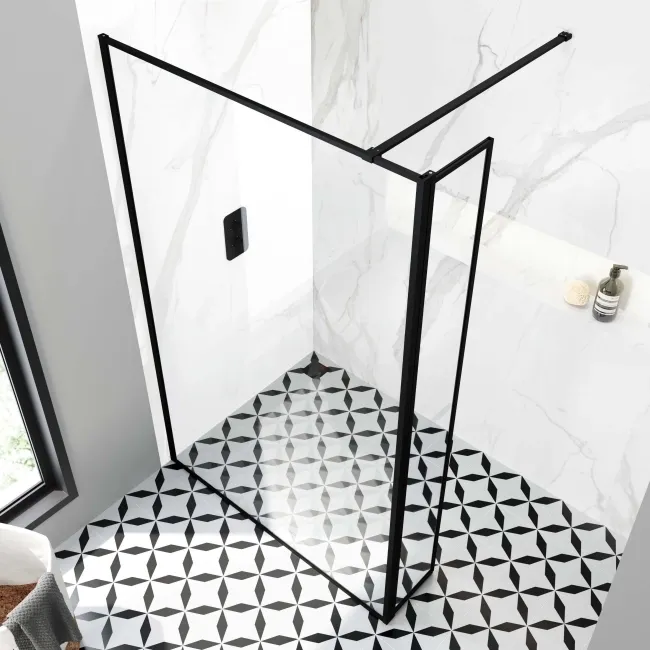 Munich Matt Black Framed 8mm Wet Room Shower Glass 1200mm & 250mm Pivotal Return Panel