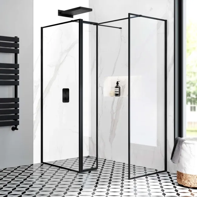 Munich Matt Black Framed 8mm Walk In Shower Enclosure 900mm & 700mm Glass with Pivotal Return Panel