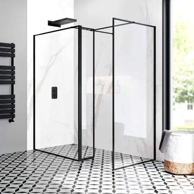 Munich Matt Black Framed 8mm Walk In Shower Enclosure 1200mm & 900mm Glass with Pivotal Return Panel