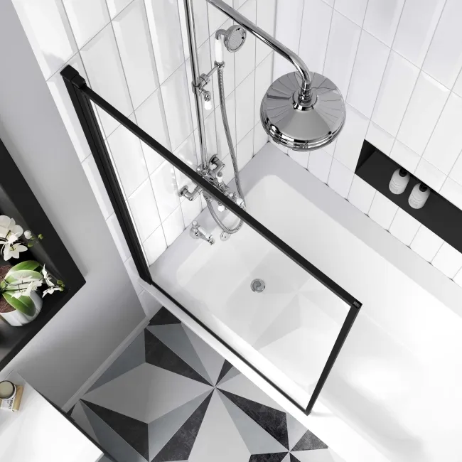 Abingdon 1500 Roll Top Shower Bath - White Ball Feet & 6mm Easy Clean Matt Black Framed Screen