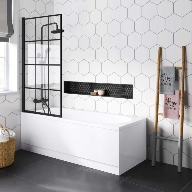 Stafford Round Shower Bath 1700x700 & 6mm Easy Clean Matt Black Grid Bath Screen