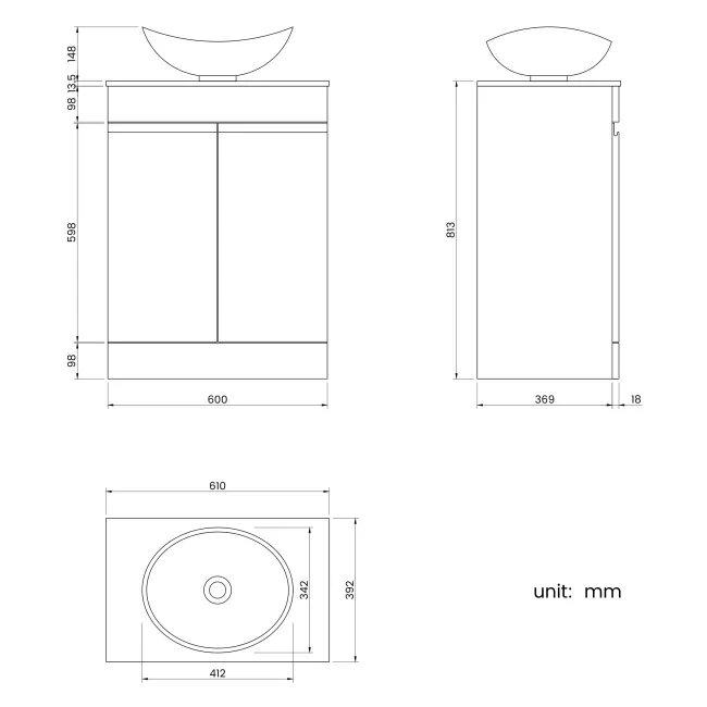 Trent Stone Grey Vanity with Marble Top & Oval Counter Top Basin 600mm