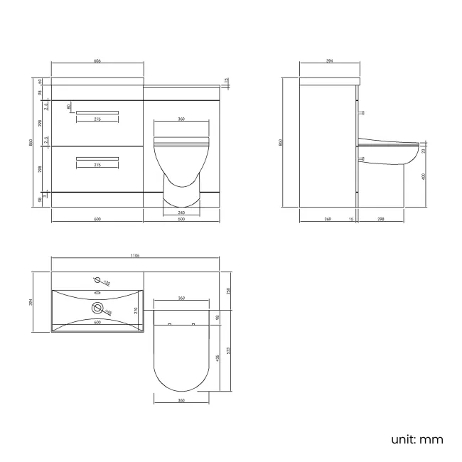 Avon Stone Grey Combination Basin Drawer and Aruba Toilet 1100mm