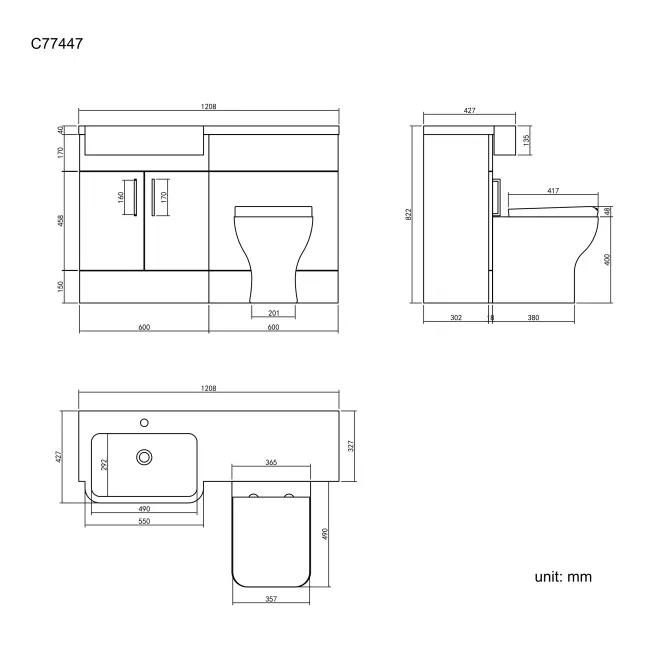 Harper Charcoal Elm Combination Vanity Basin and Atlanta Toilet 1200mm - Left Handed