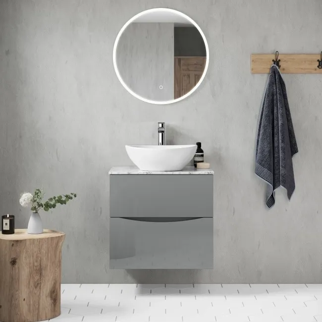 Austin Stone Grey Wall Hung Drawer Vanity with Marble Top & Oval Counter Top Basin 600mm