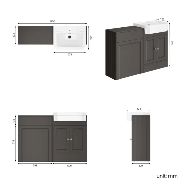 Monaco Graphite Grey Traditional Basin Vanity and Back To Wall Unit 1200mm (Excludes Pan & Cistern)
