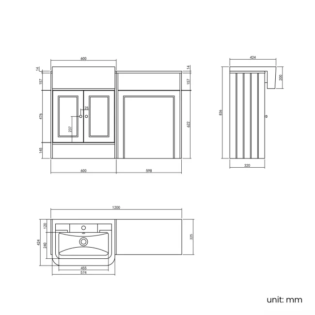 Monaco Graphite Grey Combination Vanity Traditional Basin with Marble Top 1200mm (Excludes Pan & Cistern)