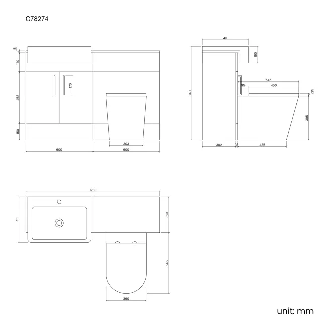 Harper Stone Grey Combination Vanity Basin and Boston Toilet 1200mm