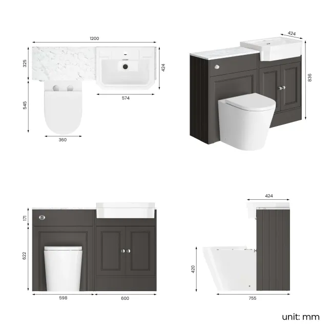 Monaco Graphite Grey Combination Vanity Traditional Basin with Marble Top & Boston Toilet 1200mm