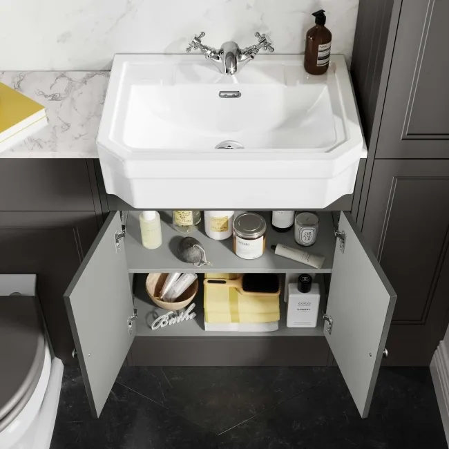Monaco Graphite Grey Combination Vanity Traditional Basin with Marble Top & Hudson Toilet with Wooden Seat 1200mm