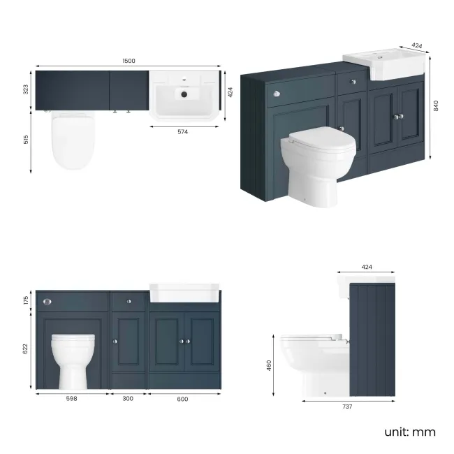 Monaco Inky Blue Combination Vanity Traditional Basin and Seattle Toilet 1500mm