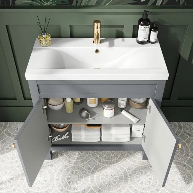 Bermuda Dove Grey Basin Vanity 800mm - Brushed Brass Accents