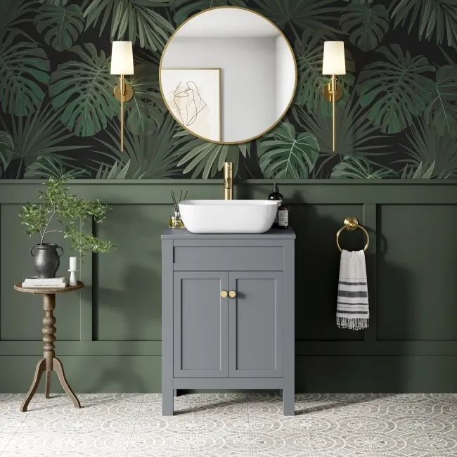 Bermuda Dove Grey Vanity with Curved Counter Top Basin 600mm - Brushed Brass Accents