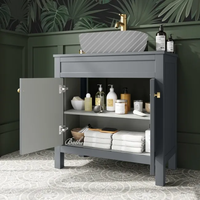Bermuda Dove Grey Cabinet 800mm Excludes Counter Top Basin - Brushed Brass Accents