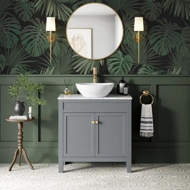 Bermuda Dove Grey Vanity with Marble Top & Oval Counter Top Basin 800mm - Brushed Brass Accents