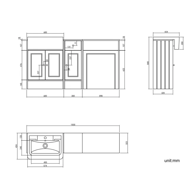 Monaco Graphite Grey Traditional Basin Vanity and Back To Wall Unit 1500mm (Excludes Pan & Cistern) - Brushed Brass Accents