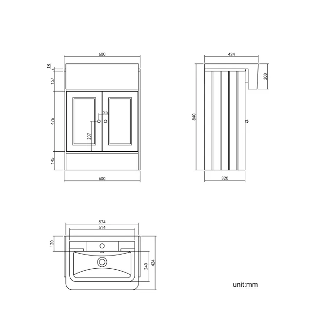 Monaco Inky Blue Traditional Basin Vanity 600mm - Brushed Brass Accents