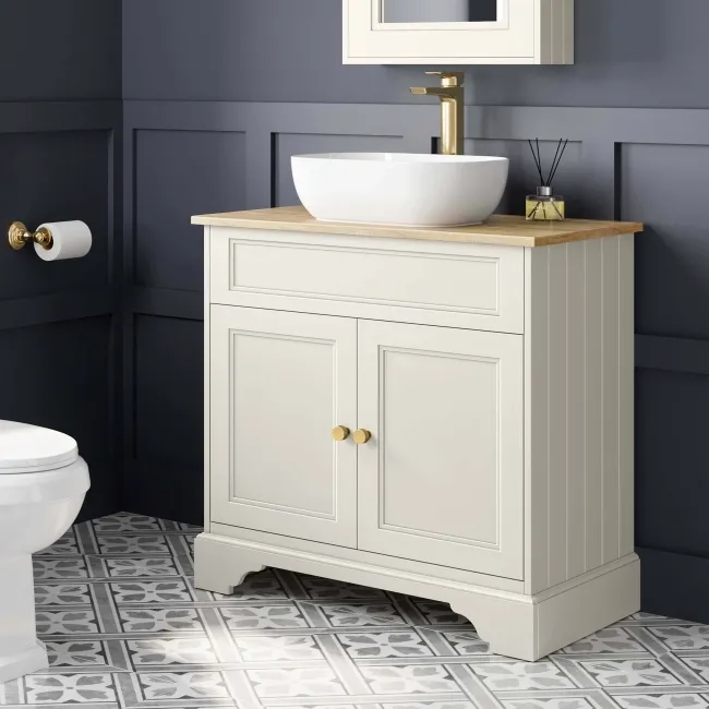 Lucia Chalk White Vanity with Oak Effect Top & Curved Counter Top Basin 840mm - Brushed Brass Accents
