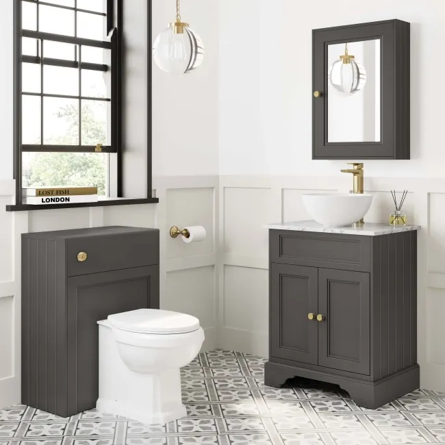 Lucia Graphite Grey Vanity with Marble Top & Round Counter Top Basin 640mm - Brushed Brass Accents