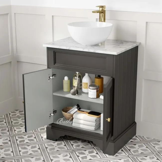 Lucia Graphite Grey Vanity with Marble Top & Round Counter Top Basin 640mm - Brushed Brass Accents