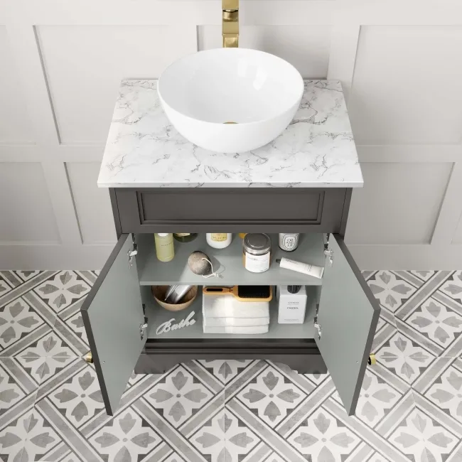 Lucia Graphite Grey Vanity with Marble Top & Round Counter Top Basin 640mm - Brushed Brass Accents