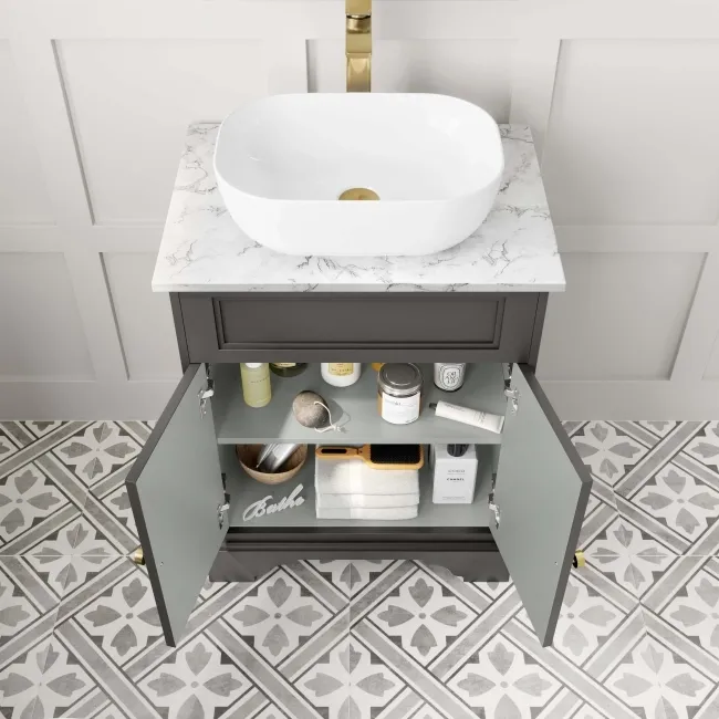 Lucia Graphite Grey Vanity with Marble Top & Curved Counter Top Basin 640mm - Brushed Brass Accents