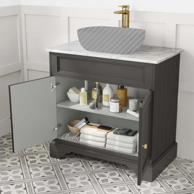 Lucia Graphite Grey Cabinet with Marble Top 840mm (Excludes Counter Top Basin) - Brushed Brass Accents