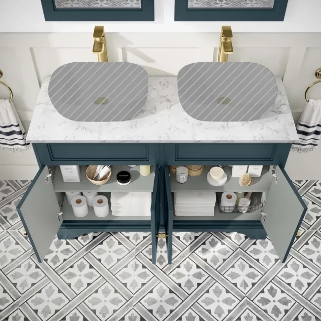 Lucia Inky Blue Cabinet with Marble Top 1200mm (Excludes Counter Top Basins) - Brushed Brass Accents