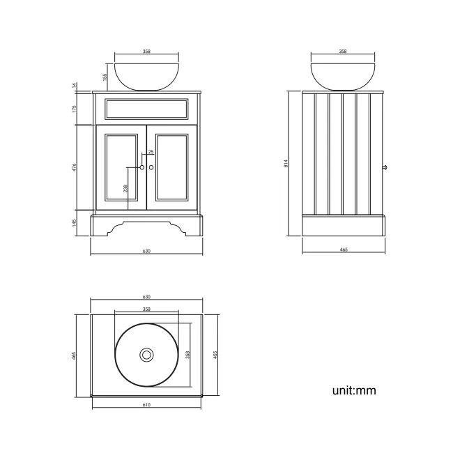 Lucia Midnight Green Vanity with Marble Top & Round Counter Top Basin 640mm - Brushed Brass Accents