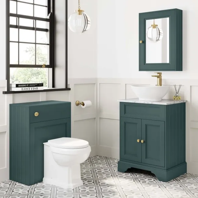 Lucia Midnight Green Vanity with Marble Top & Oval Counter Top Basin 640mm - Brushed Brass Accents