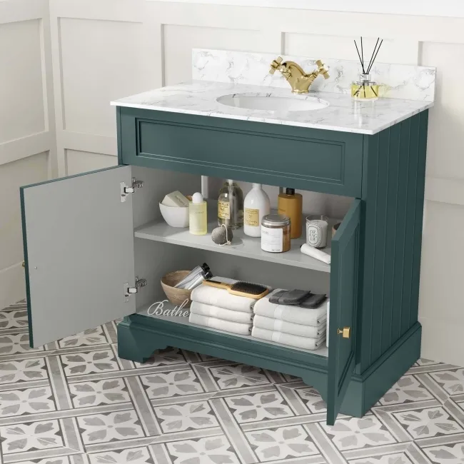 Lucia Midnight Green Vanity with Marble Top & Undermount Basin 830mm - Brushed Brass Accents