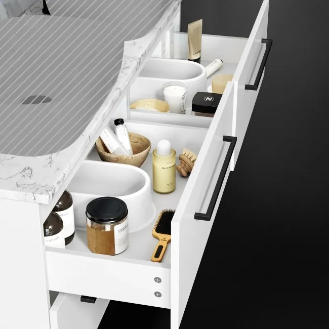 Elba Gloss White Wall Hung Drawer with Marble Top 1200mm Excludes Basins - Black Accents