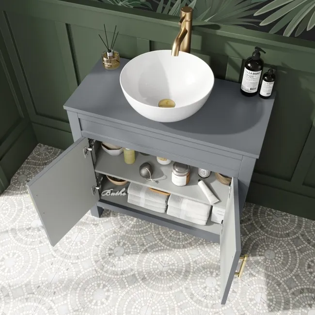 Bermuda Dove Grey Vanity with Round Counter Top Basin 800mm - Brass Knurled Handles