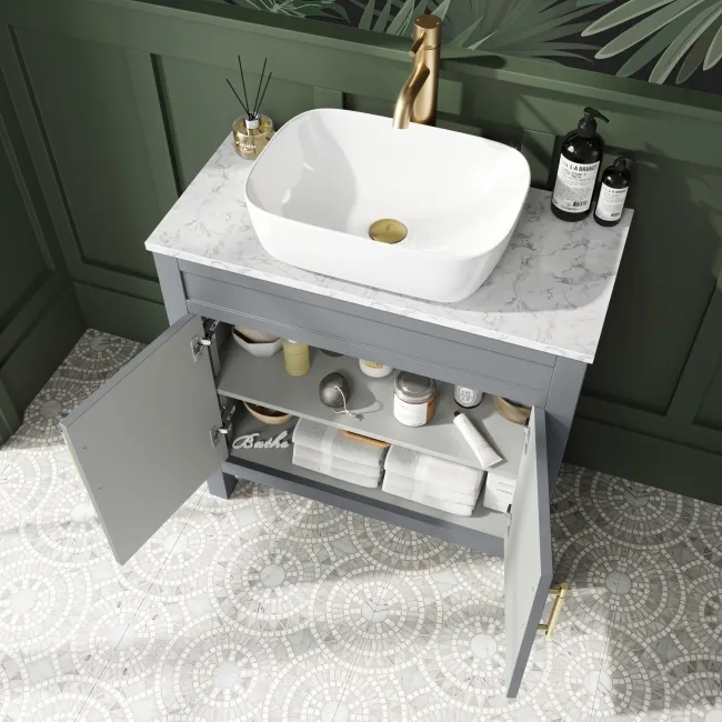Bermuda Dove Grey Vanity with Marble Top & Curved Counter Top Basin 800mm - Brass Knurled Handles