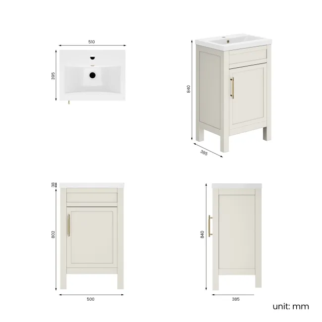 Bermuda Chalk White Basin Vanity 500mm - Brass Knurled Handles