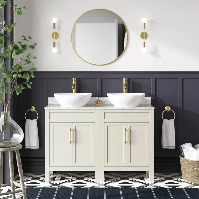 Bermuda Chalk White Vanity with Marble Top & Oval Counter Top Basin 1200mm - Brass Knurled Handles