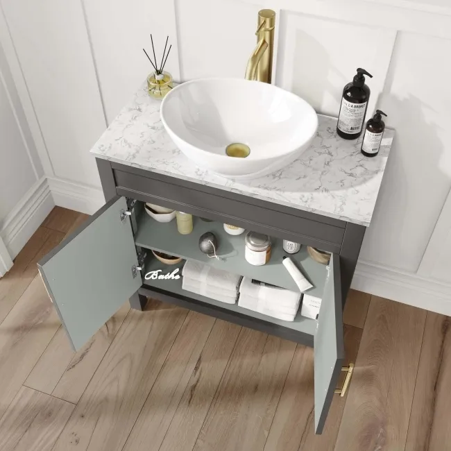 Bermuda Graphite Grey Vanity with Marble Top & Oval Counter Top Basin 800mm - Brass Knurled Handles