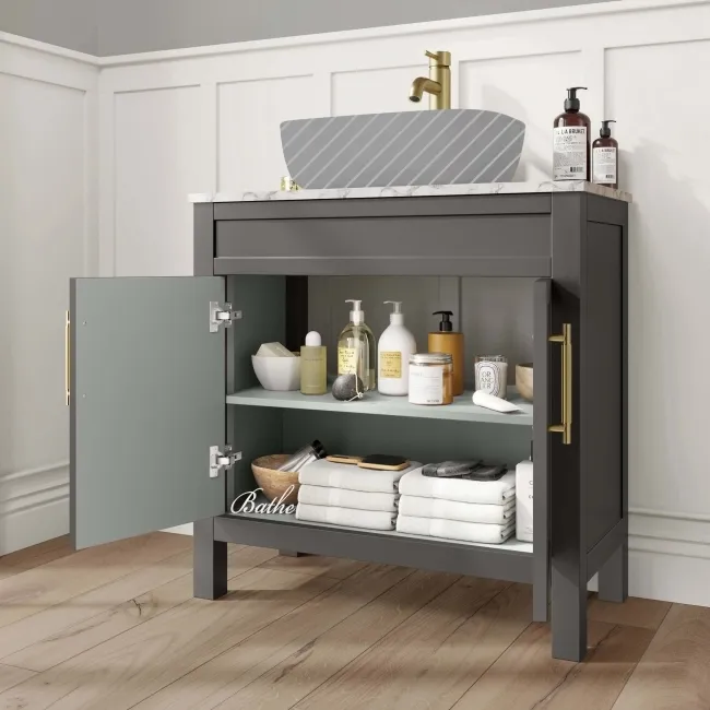 Bermuda Graphite Grey Cabinet with Marble Top 800mm Excludes Counter Top Basin - Brass Knurled Handles