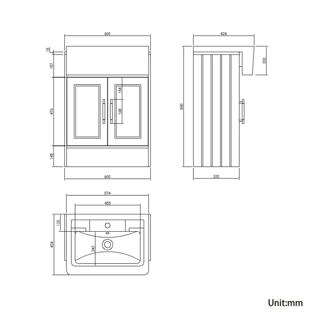 Monaco Chalk White Traditional Basin Vanity 600mm - Brass Knurled Handles