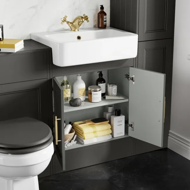 Monaco Graphite Grey Basin Vanity 600mm - Brass Knurled Handles