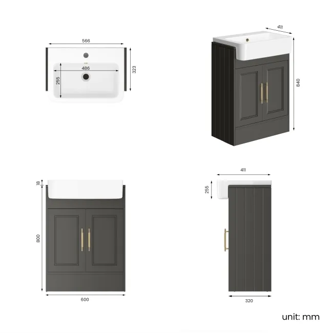 Monaco Graphite Grey Basin Vanity 600mm - Brass Knurled Handles