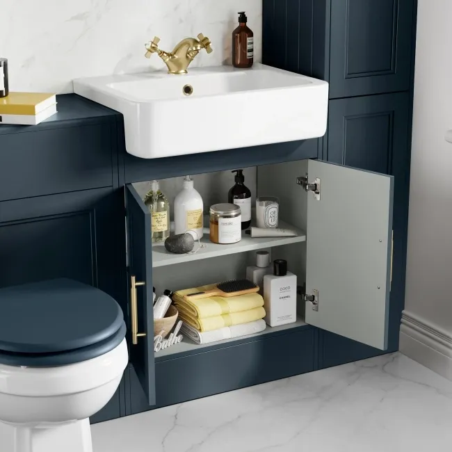 Monaco Inky Blue Basin Vanity 600mm - Brass Knurled Handles