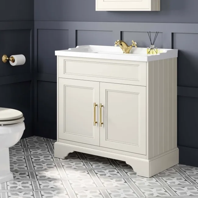 Lucia Chalk White Basin Vanity 830mm - Brass Knurled Handles