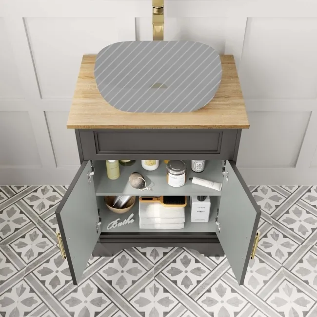 Lucia Graphite Grey Cabinet with Oak Effect Top 640mm (Excludes Counter Top Basin) - Brass Knurled Handles