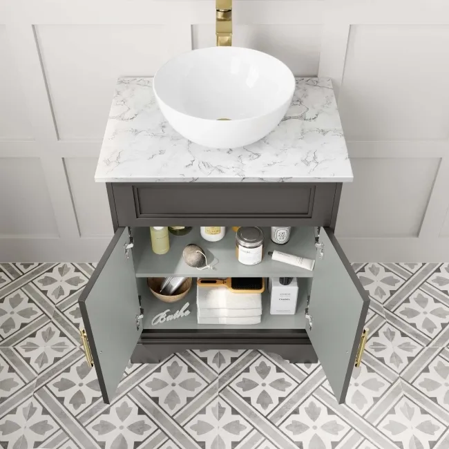 Lucia Graphite Grey Vanity with Marble Top & Round Counter Top Basin 640mm - Brass Knurled Handles