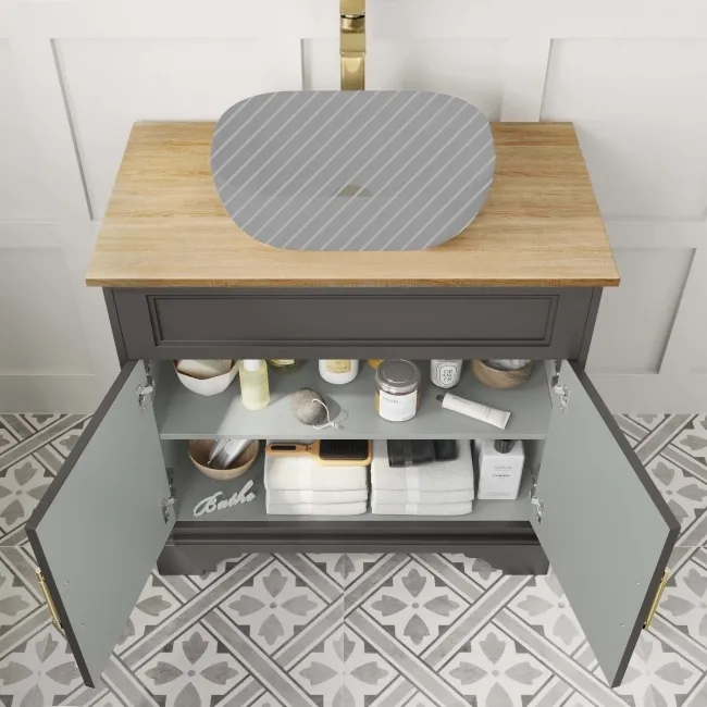 Lucia Graphite Grey Cabinet with Oak Effect Top 840mm (Excludes Counter Top Basin) - Brass Knurled Handles