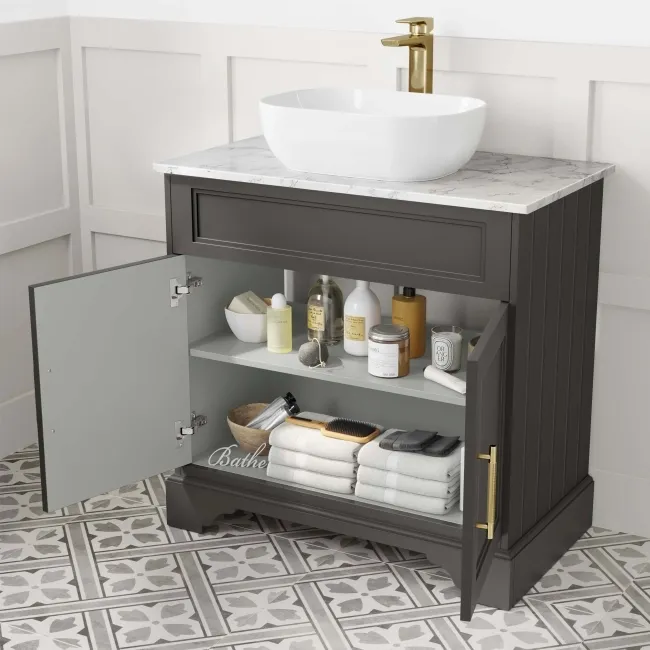 Lucia Graphite Grey Vanity with Marble Top & Curved Counter Top Basin 840mm - Brass Knurled Handles